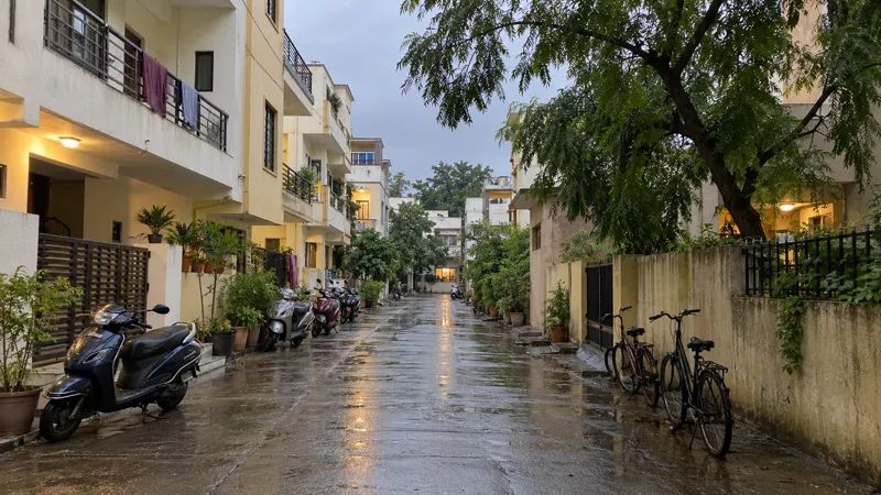 A narrow Indore residential lane after monsoon rain, with three-storey houses, clothes drying on balcony railings, parked scooters and bicycles on a wet concrete road and a neem tree over a wall in evening light.