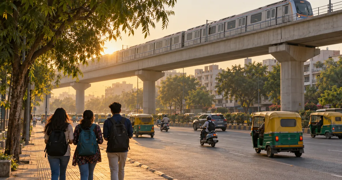 A raised Ahmedabad metro viaduct running above a wide divided road at sunrise, with green and yellow auto rickshaws below and students with backpacks walking on a tree-shaded footpath.