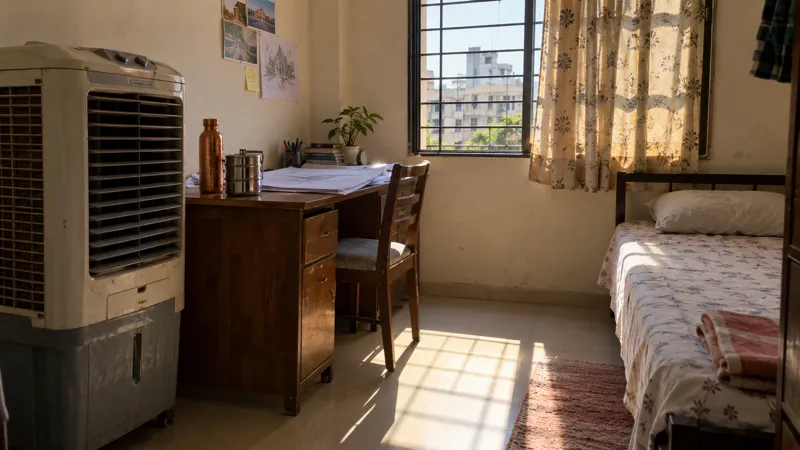 A small Ahmedabad PG room on a hot afternoon with a desert air cooler beside a study desk holding drawing sheets, a steel tiffin carrier and a copper water bottle.
