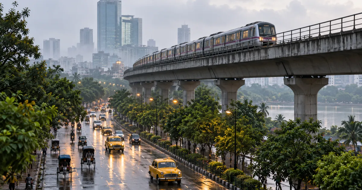 An elevated metro viaduct curving above a wide tree-lined road in Salt Lake, Kolkata, at early morning, with a silver train overhead, yellow taxis and cycle rickshaws below and blurred glass office towers behind in light haze.
