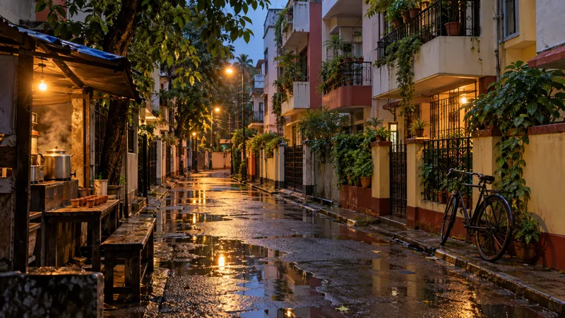 A narrow residential lane in Salt Lake, Kolkata, after monsoon rain, with three-storey houses, potted plants on balconies, a tea stall with clay cups on a wooden bench, a parked bicycle and puddles reflecting evening streetlights.