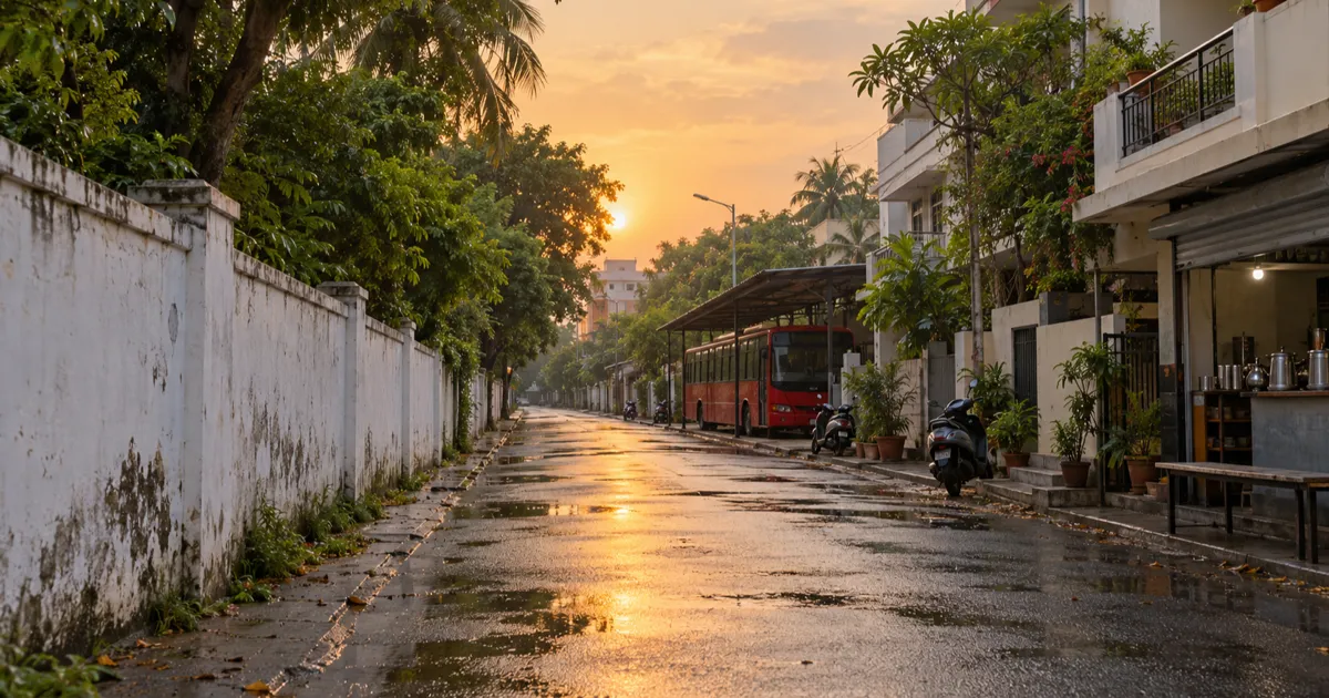 A quiet residential lane in south Chennai at dawn, with a long whitewashed compound wall and dense trees on one side, a red city bus at a roadside shelter, parked scooters and a wet road after rain.