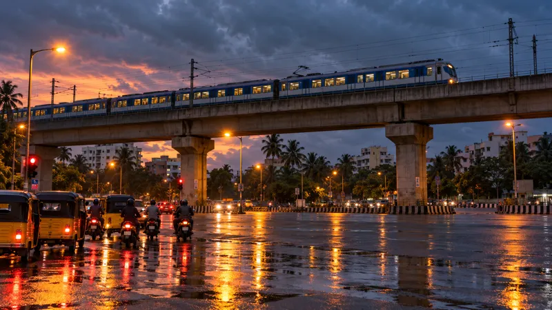 A blue and white commuter train crossing an elevated viaduct over a wet road in south Chennai at dusk, with autorickshaws and scooters waiting below and palms under monsoon clouds.