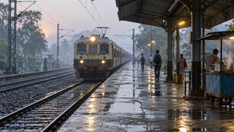 A suburban local train arriving at an open-air south Kolkata platform at dawn in light mist, with a tin-roofed shelter, a tea vendor's cart and a few commuters with backpacks seen from behind.