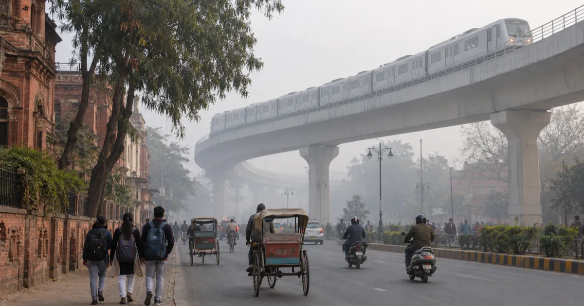 An elevated Lucknow Metro viaduct curving over a wide road on a foggy winter morning, with cycle rickshaws and scooters below and old red brick buildings with arched windows along the roadside.