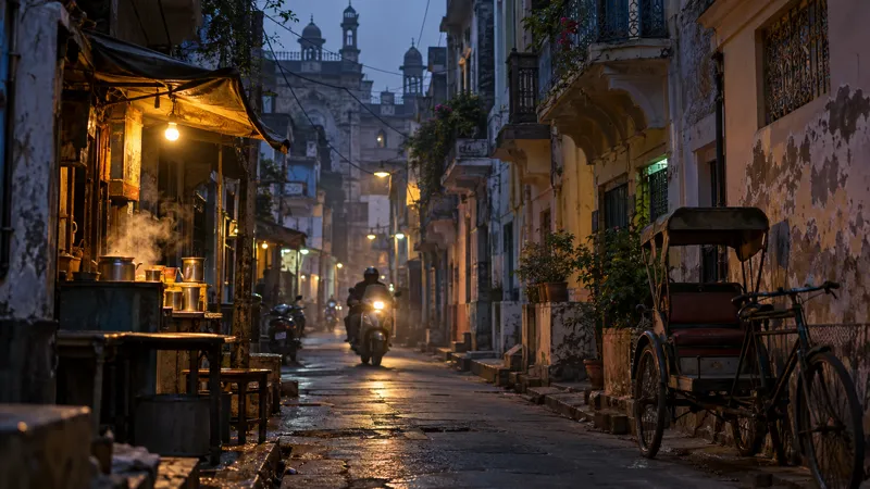 A narrow residential lane in old north Lucknow at dusk, with a parked cycle rickshaw, a tea stall lit by one yellow bulb and a scooter passing through light haze.