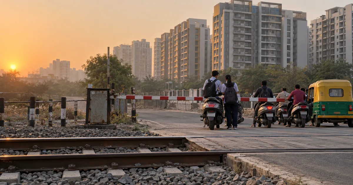 Students on scooters and on foot waiting at a lowered red and white railway crossing barrier at dawn on the edge of Ahmedabad, with new apartment towers rising behind the tracks.