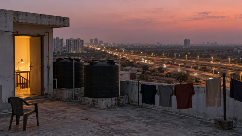 The rooftop terrace of an Ahmedabad apartment tower at dusk with water tanks and drying clothes, looking out over a wide highway lit by car headlights.