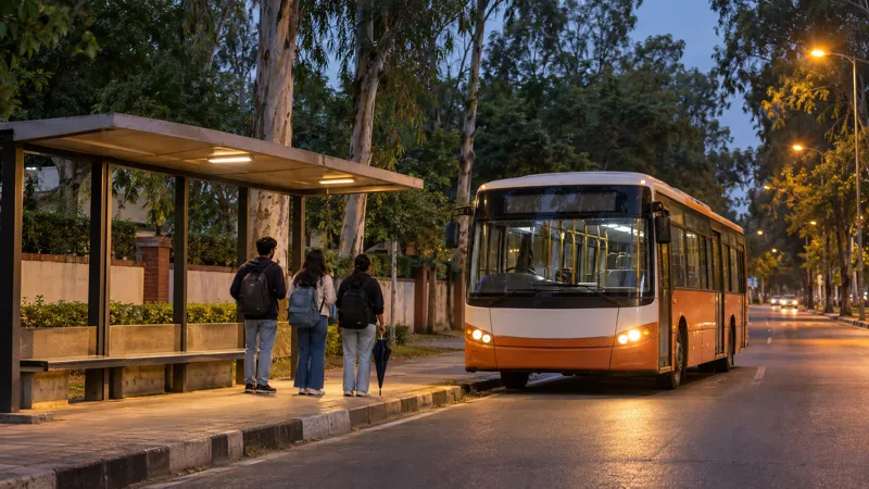 A plain orange and white city bus pulling into an open bus shelter on a leafy Chandigarh road at dusk, with three students waiting under the shelter seen from behind.