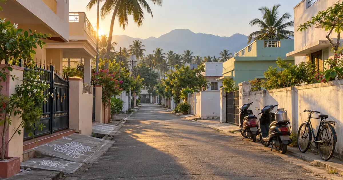 A quiet residential lane in Coimbatore at sunrise with pastel two-storey houses, steel gates, white rice-flour kolam patterns at the doorsteps, parked scooters and a bicycle, coconut palms and faint blue hills on the horizon.