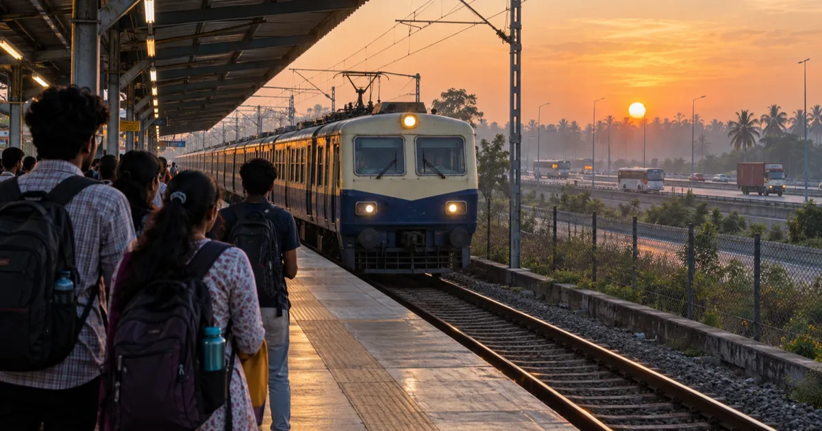 A Chennai suburban electric train pulling into an open-air platform at dawn, with students carrying backpacks waiting under a tin shelter, coconut palms and a wide highway with buses visible beyond the fence.