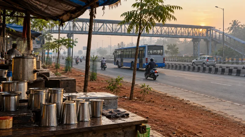 A wide highway on Chennai's southern edge in morning mist, with a city bus and two-wheelers on the service lane, a metal footbridge overhead and a roadside tea stall with steel tumblers in the foreground.