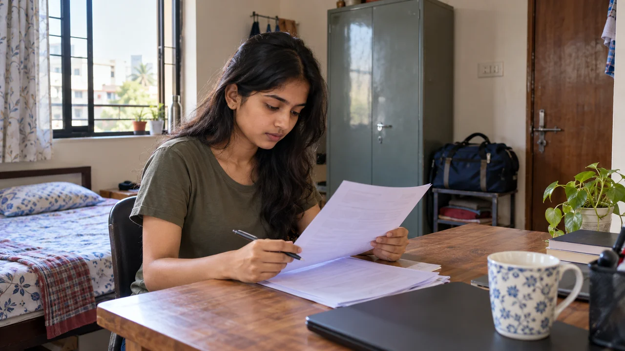 A student sits at a desk in a PG room in India, reading the notice and lock-in clauses of a printed rent agreement with a pen in hand.