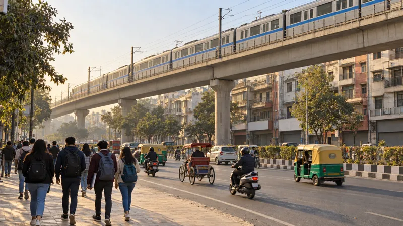 A raised Delhi Metro Blue Line viaduct over Pusa Road near Karol Bagh on a hazy winter morning, with a train overhead and autos, rickshaws and backpack-carrying students on the road and footpath below.