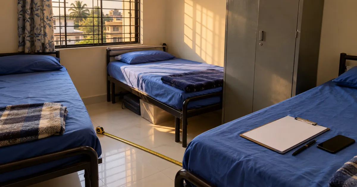 A yellow measuring tape stretched across the tiled floor of a cramped Bengaluru PG room between three single beds, with a clipboard, a pen and a phone resting on the nearest mattress in late afternoon light.