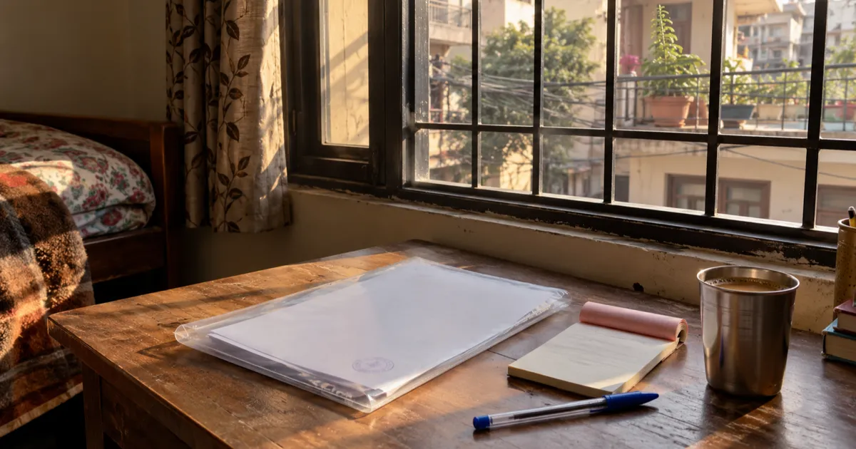 A clear plastic folder of blank printed pages with a round ink stamp, a small receipt booklet, a pen and a steel tumbler of tea on a wooden study table by a grilled window in a Delhi PG room, with a neighbouring balcony and tangled overhead cables outside.