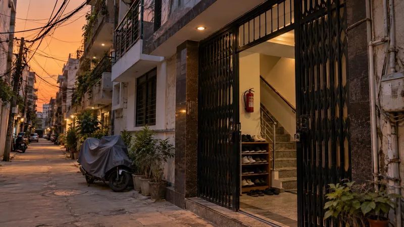 The ground-floor entrance of a narrow four-storey Delhi builder-floor building at dusk, with a half-open collapsible gate, a red fire extinguisher on the stair wall, a shoe rack full of sneakers and tangled overhead cables.