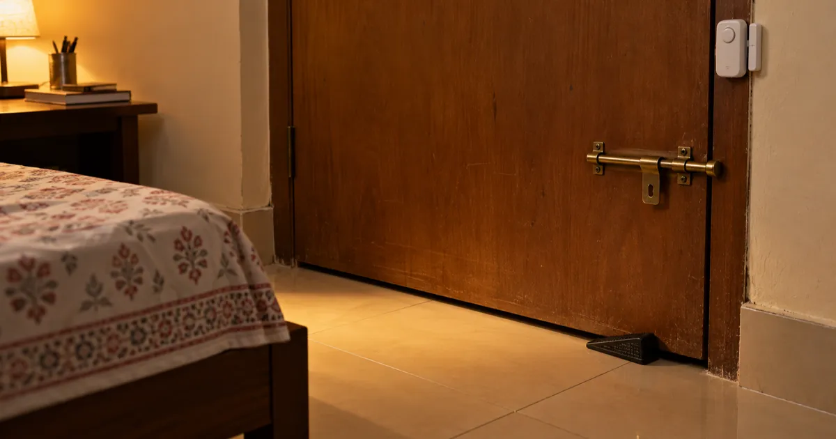 The inside of a wooden PG room door at night, a brass tower bolt slid shut and a black rubber doorstop wedged under it, a small door alarm on the frame, lit by a desk lamp across a tiled floor.