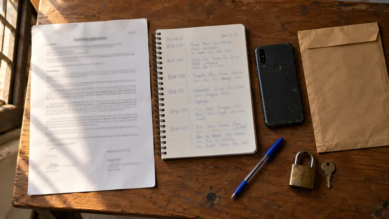 An evidence folder laid out on a wooden PG desk: a printed agreement, a notebook of dated handwritten notes, a face-down phone, a pen, a brown envelope and a small brass padlock with key in morning light.