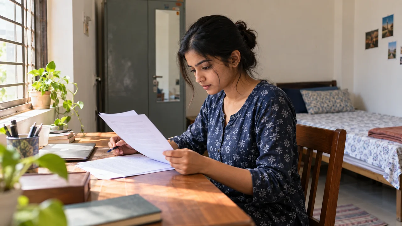 A young Indian student sits at a desk in a tidy paying guest room, reading a printed rental agreement before signing it.