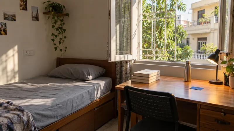 A small PG study room in morning light with a wooden desk by a grilled window, a lamp, blank-covered textbooks, a steel bottle and a blue metro card, with a neighbouring house and a neem tree outside.