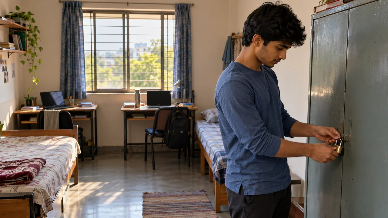 A student fastening a sturdy padlock on a metal cupboard inside a shared Indian hostel room with two beds and study tables.