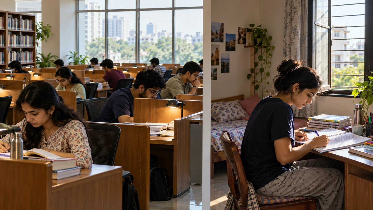 On the left, rows of aspirants study quietly at partitioned desks in a bright self-study library; on the right, a single student revises notes at a desk in a small rented room.