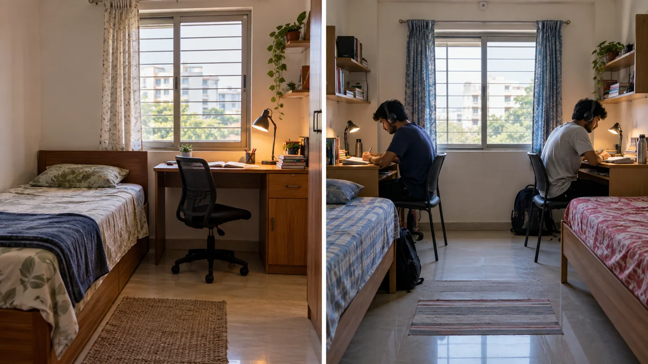 Split view of a quiet single room with one study desk beside a window and a twin-sharing room where two aspirants study at separate desks.