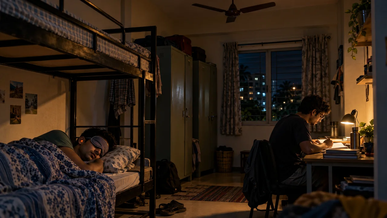 A student sleeps on a lower bunk in a shared Indian hostel room, wearing an eye mask while a roommate studies quietly under a small desk lamp.