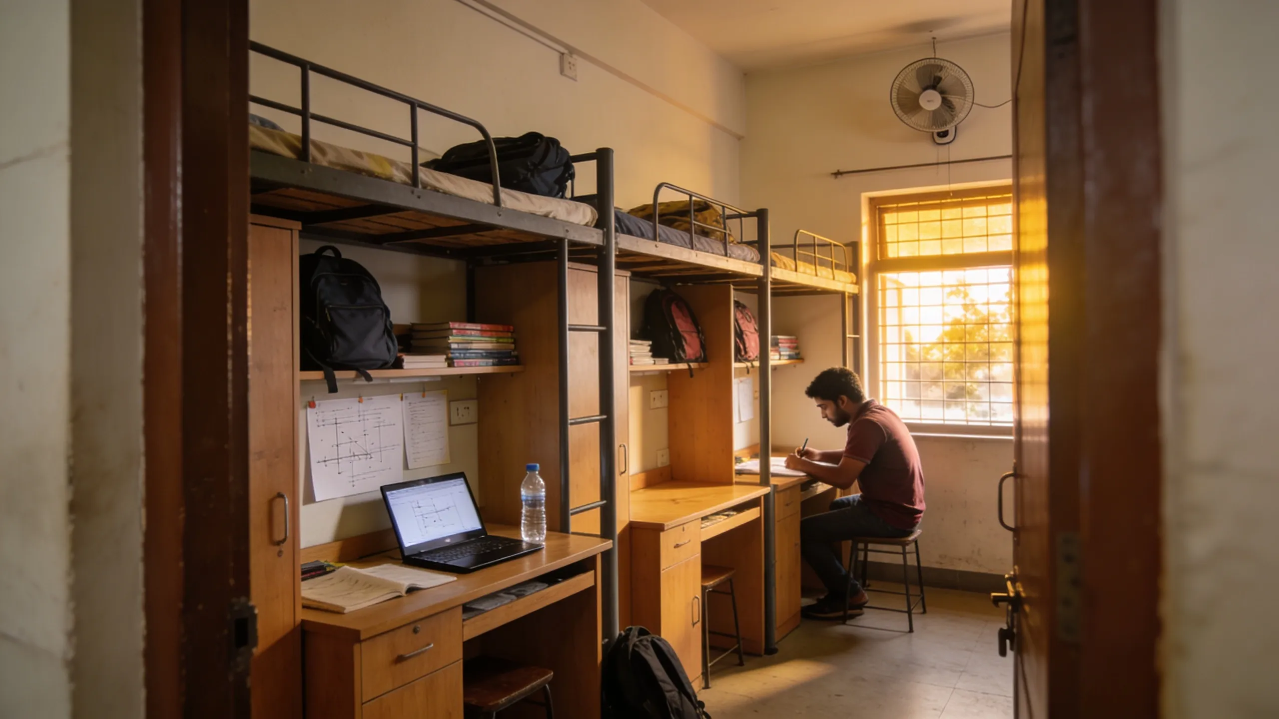 Shared hostel room in Andheri West Mumbai with study desks and bunk beds for students