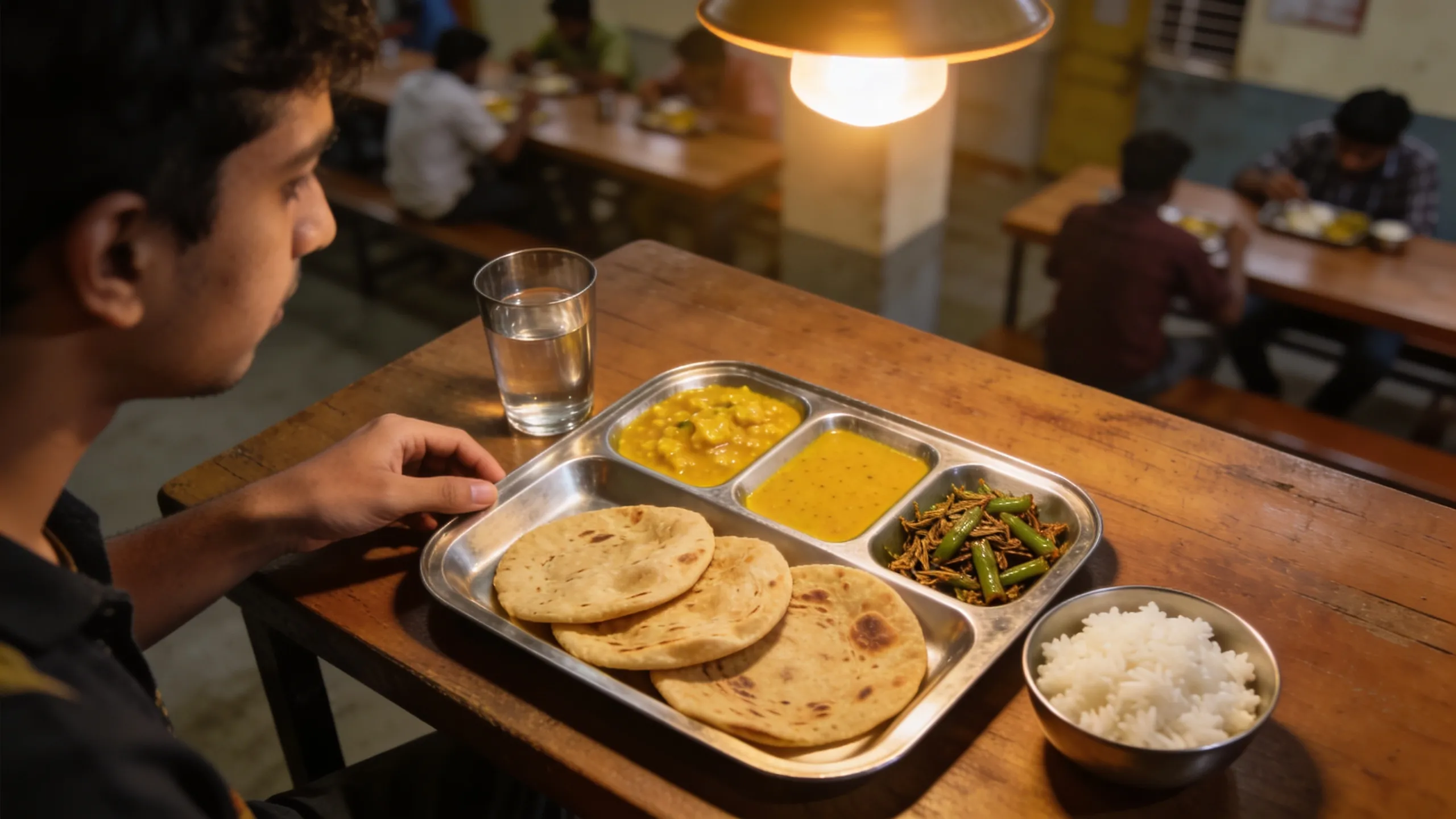 Hostel mess food in Andheri Mumbai — dal rice sabzi and roti student meal tray