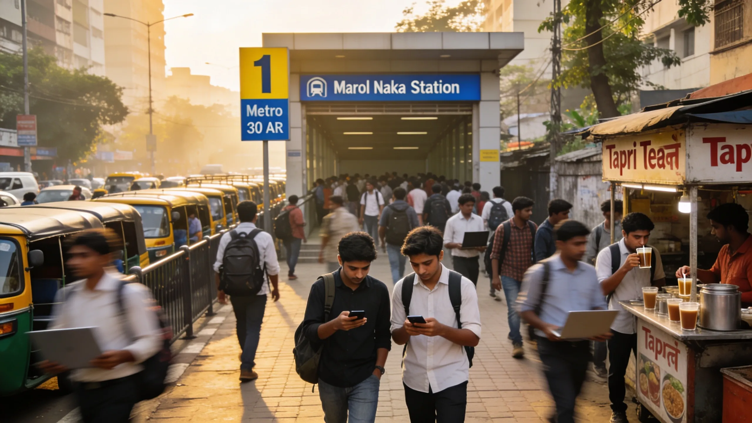 Students at Marol Naka Metro 1 station Andheri East Mumbai during peak morning commute