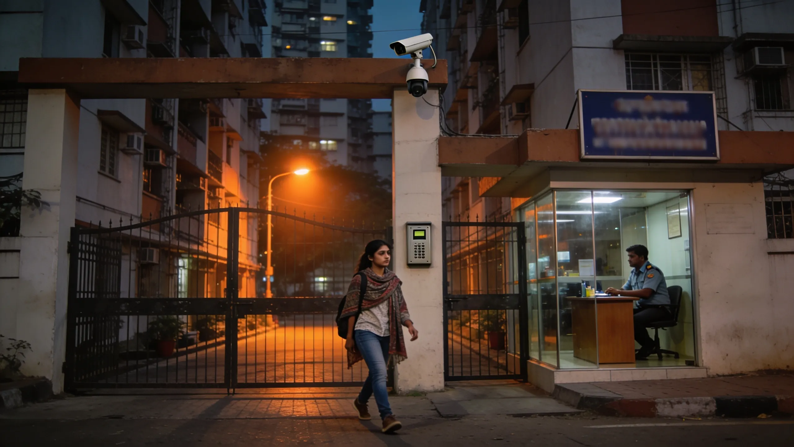 Student checking hostel entry CCTV and gate lock at night in Andheri Mumbai