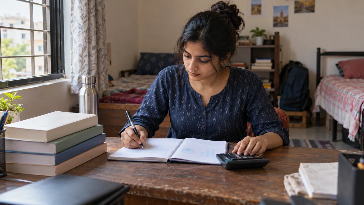 A UPSC aspirant sits at a small desk in a shared Delhi room, writing monthly expenses into a notebook beside a stack of exam books and a calculator.