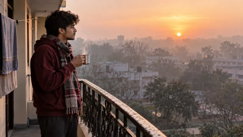 A student in a maroon hoodie and checked muffler holds a steel cup of tea on a hostel balcony as the winter sun rises through haze over campus buildings and trees.