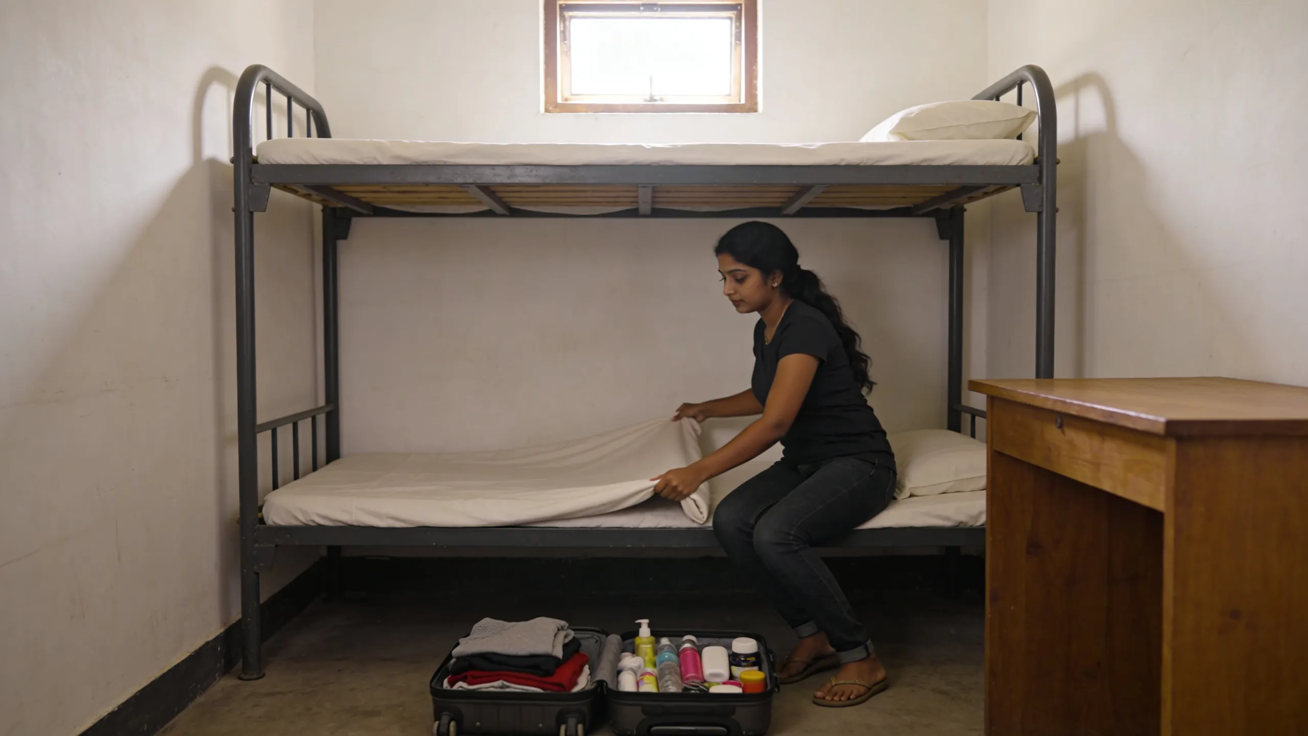 Well-organized hostel room desk with study materials, laptop, and personal items