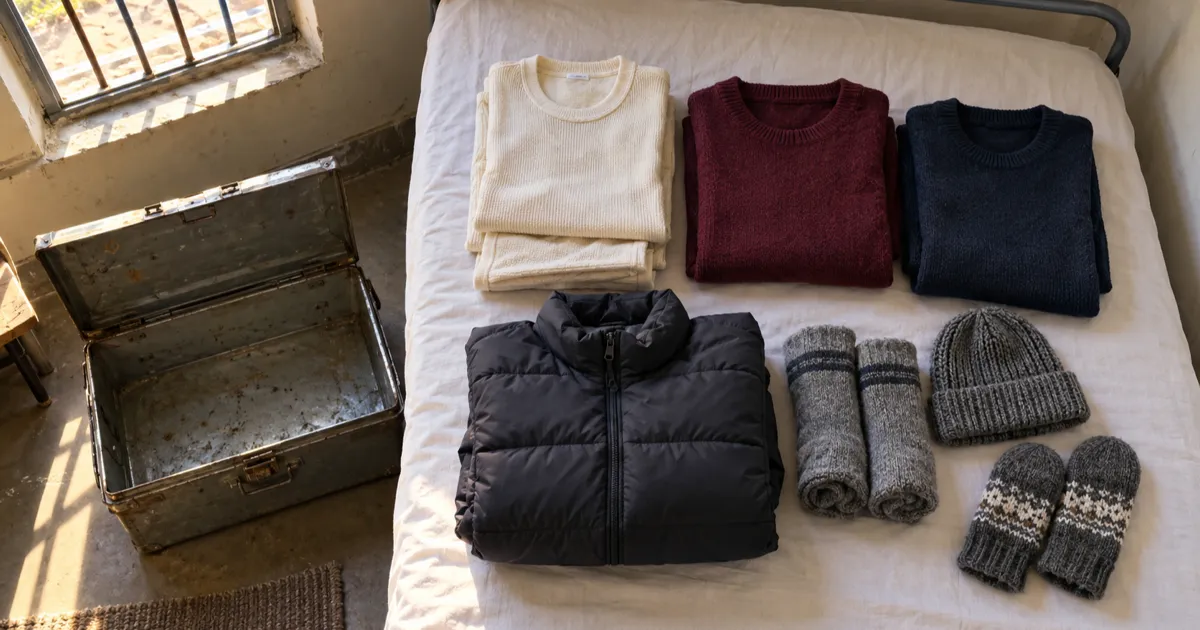 Winter clothes laid out on a hostel bed: a folded cream thermal top, maroon and navy sweaters, a black padded jacket, grey woollen socks, a knitted cap and patterned mittens, beside an open steel trunk under a barred window.