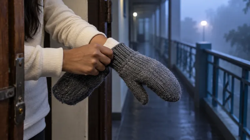 A student pulls a grey woollen mitten over the sleeve of a cream sweater at a hostel room door, with a foggy corridor and blue railing behind at dawn.