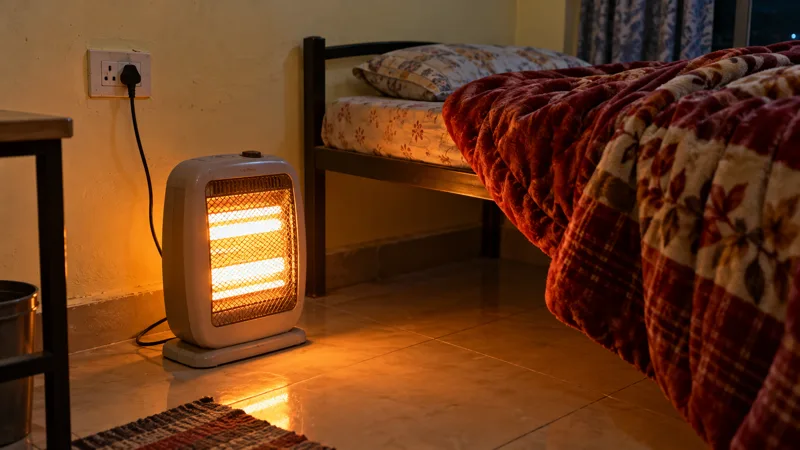 A small halogen room heater glows on a tiled floor beside a single bed with a thick quilt in a simple hostel room.